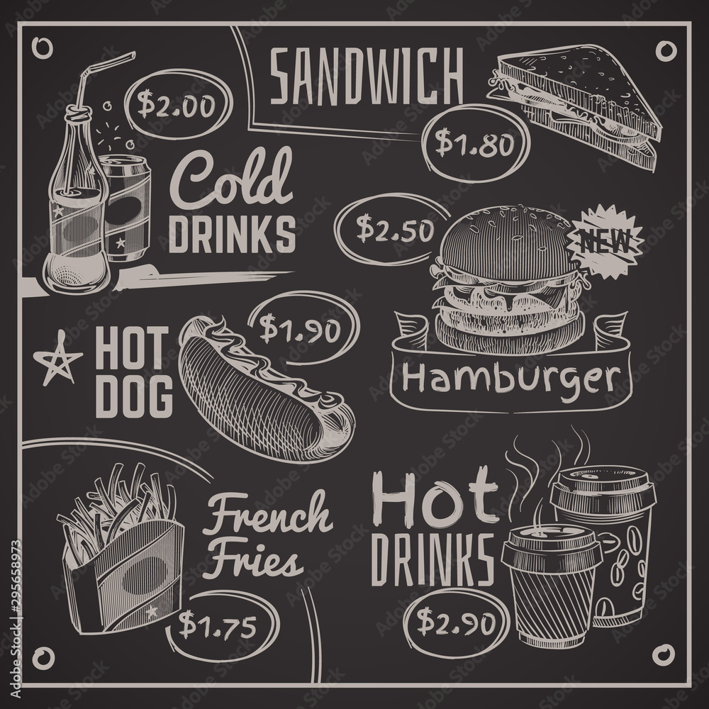 Fast food menu. Coffee, burger and hotdog, donut and fries, ice cream and cola, sandwich. Chalk drawing restaurant vector illustration