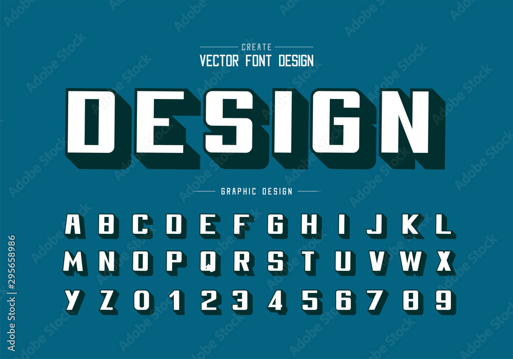 Shadow font and bold alphabet vector, Writing typeface and number design, Graphic text on background