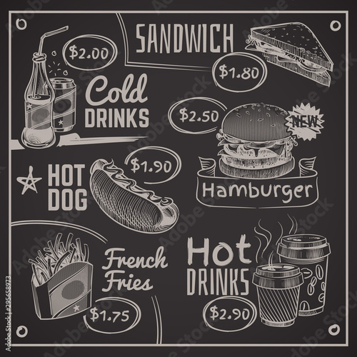 Fast food menu. Coffee  burger and hotdog  donut and fries  ice cream and cola  sandwich. Chalk drawing restaurant vector illustration