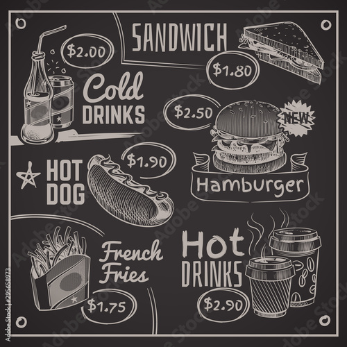 Fast food menu. Coffee, burger and hotdog, donut and fries, ice cream and cola, sandwich. Chalk drawing restaurant vector illustration