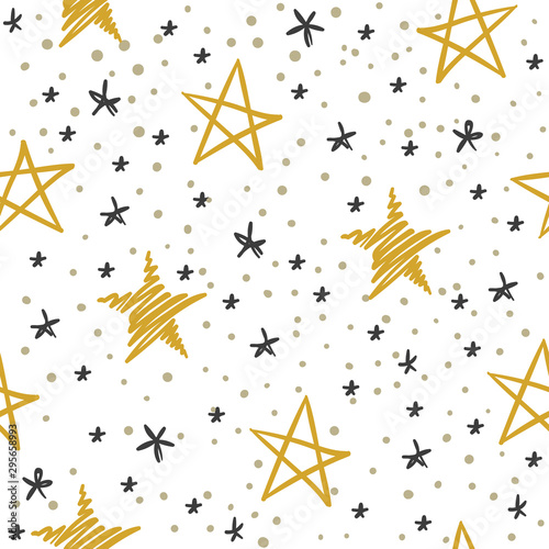 Sketch star seamless pattern. Starry sky with golden and black stars. Christmas and winter holidays vector doodle texture