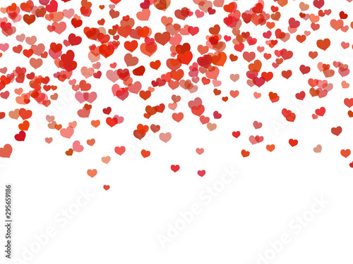Heart background. Falling red love hearts confetti shapes on white. Valentines day and wedding invitation vector template