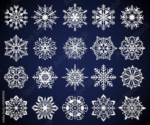 Snowflake. Winter christmas snow crystal elements, frozen cold star pictogram ornament, frosty snowflakes iced symbol, vector set