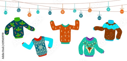 Ugly christmas sweater. Dancing knitting sweaters, xmas jumpers vector winter holiday party invitation card