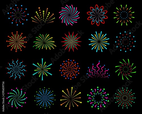 Color fireworks. Festive christmas salute, happy new year pyrotechnic circle explosions with sparks. Outline firecrackers vector set