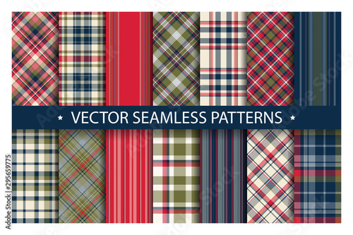 Tartan set pattern seamless plaid vector. Geometric background fabric texture. Modern check fashion template for textile print, wrapping paper, gift card, wallpaper flat design.