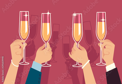 Hands holding champagne glasses. People celebrate corporate christmas party with alcohol drinks anniversary event flat vector concept