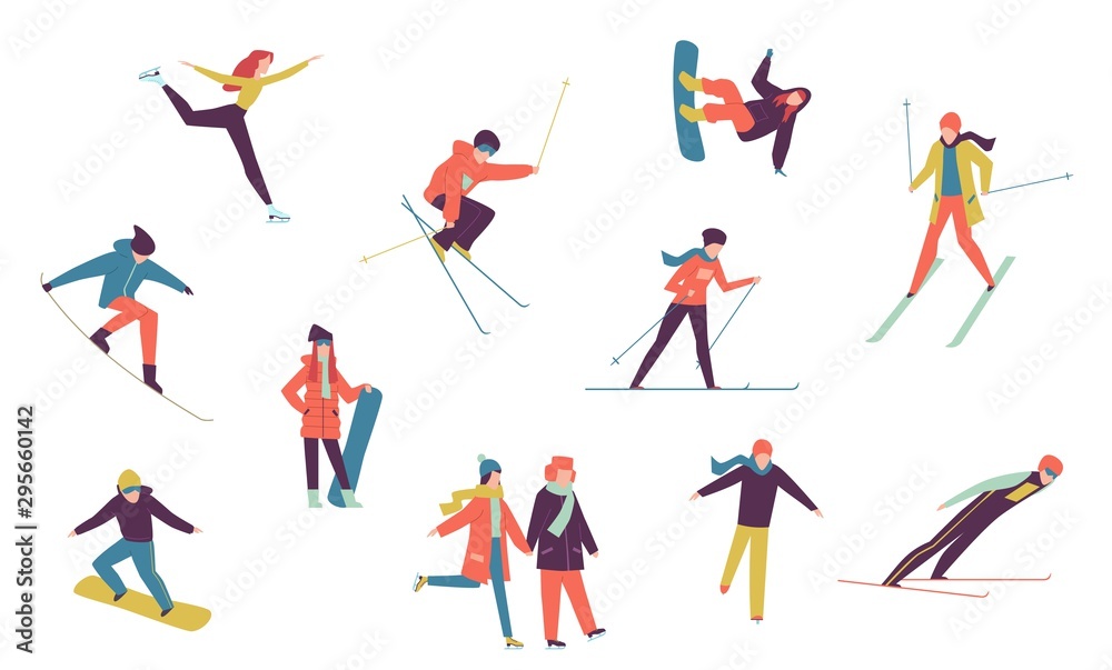 Winter sport people. Including ice skater, snowboarder and skier isolated elements. Winter holidays activities vector set