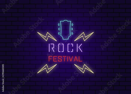 Color illustration of a neon guitar with text and lightning on a brick background. Vector illustration advertising a rock festival. Illustration on a musical theme