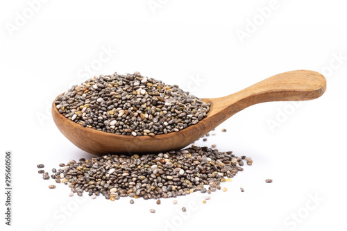 Photography chia seeds in wooden spoon Isolated on white background