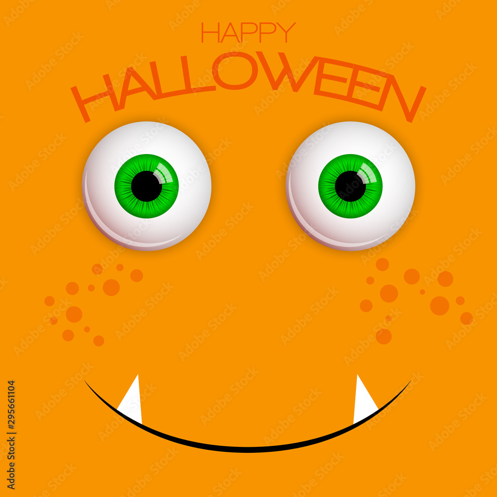 Funny Halloween greeting card monster green eyes. Vector isolated illustration on orange background