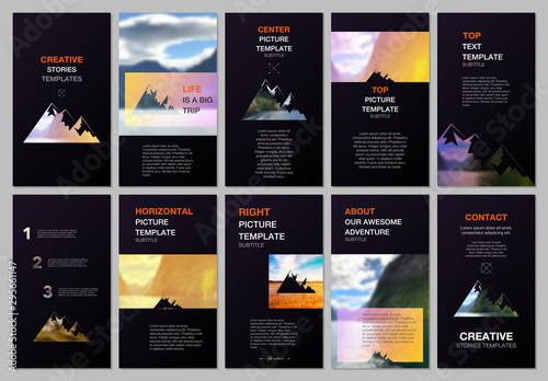 Creative social networks stories design, vertical banner or flyer template. Covers design templates for flyer, brochure. Background for tourist camp, nature tourism, camping. Aadventure design concept