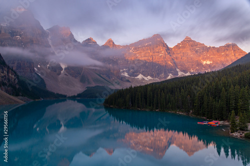 Moraine Lake and Valley of Ten Peaks at sunrise, Lake Louise, Canada photo