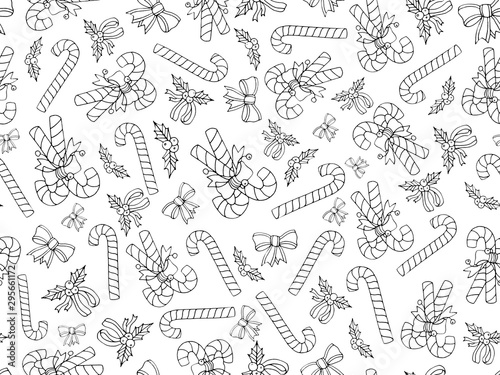 Christmas seamless pattern for coloring Christmas sweets and twigs. Graphic arts. Suitable for packaging  books  christmas design  wallpaper  textile. Drawn by hand.