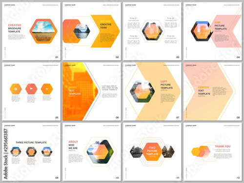 Minimal brochure templates with colorful hexagonal design background, hexagon style pattern. Covers design templates for square flyer, leaflet, brochure, report, presentation, advertising, magazine.