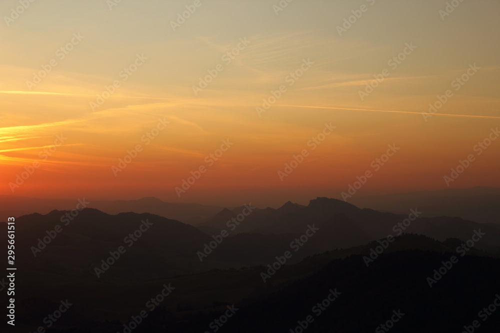 Three Crowns Massif in Pieniny Mountains (Poland) at sunset. View to the West from Vysoke skalky (Wysoka) is highest point in Pieniny - 1050m.