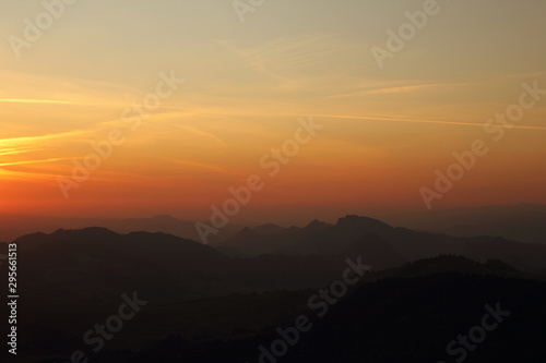 Three Crowns Massif in Pieniny Mountains (Poland) at sunset. View to the West from Vysoke skalky (Wysoka) is highest point in Pieniny - 1050m.