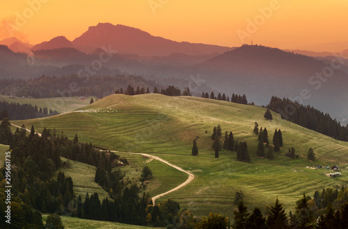 Mount Beresnik in Pieniny Mountains at sunset. View from East (Rozdziela Pass). Pieniny National Park, Poland. At the background Mount Jarnuta and Three Crowns Massif.