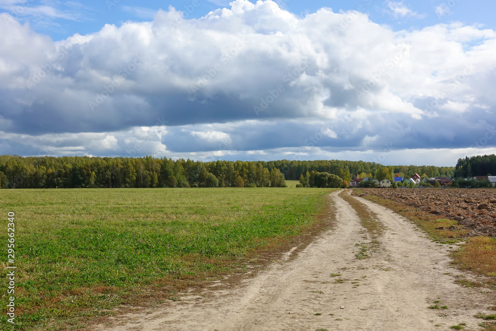 Green field, dirt road. sky with clouds. Beautiful landscape