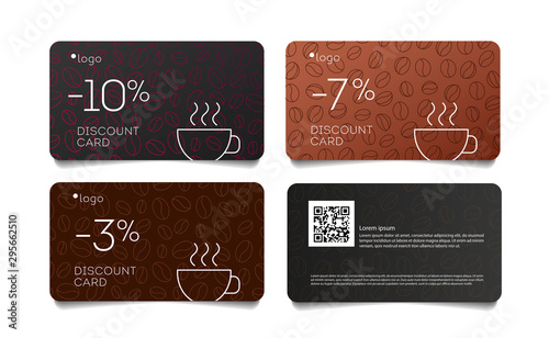 Coffee discount coupon voucher cards with line coffee beans pattern and cup, set of cards front and back