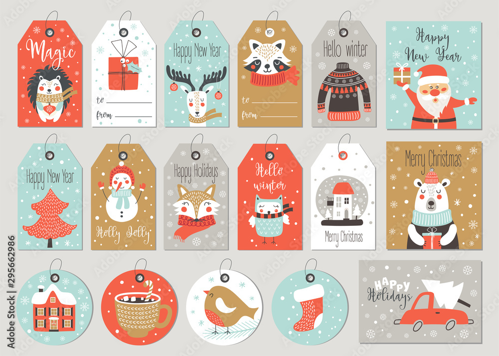 Fototapeta premium Set of merry christmas tags and cards with hand drawing elements. Vector