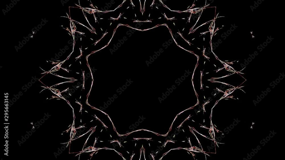 Kaleidoscopic abstract flame fractal animation, seamlessly looping. Highly intricate ornamental shapes.