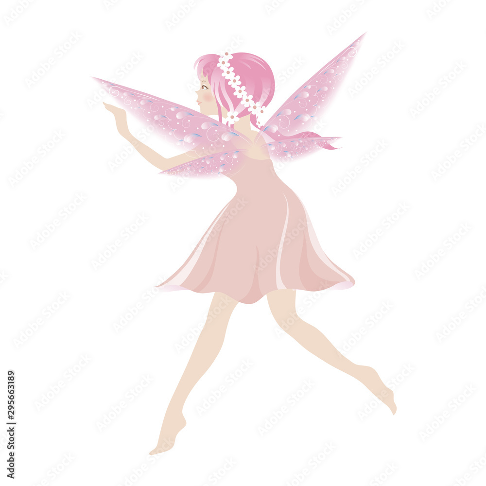 Illustration of a Cute pink fairy flying with beautiful wings, Vector cartoon for bed time story elements Illustration of a Cute pink fairy flying with beautiful wings, Vector cartoon for bed time story elements