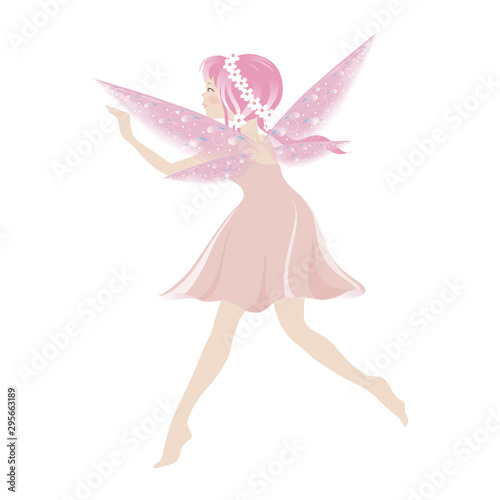 Illustration of a Cute pink fairy flying with beautiful wings, Vector cartoon for bed time story elements