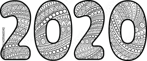 Doodle patterned number 2020 tangled mandalas and words Happy New Year. Vector illustration handwritten  font 2020 for decorate calendar, banner, poster, invitation, new year card, adult coloring book
