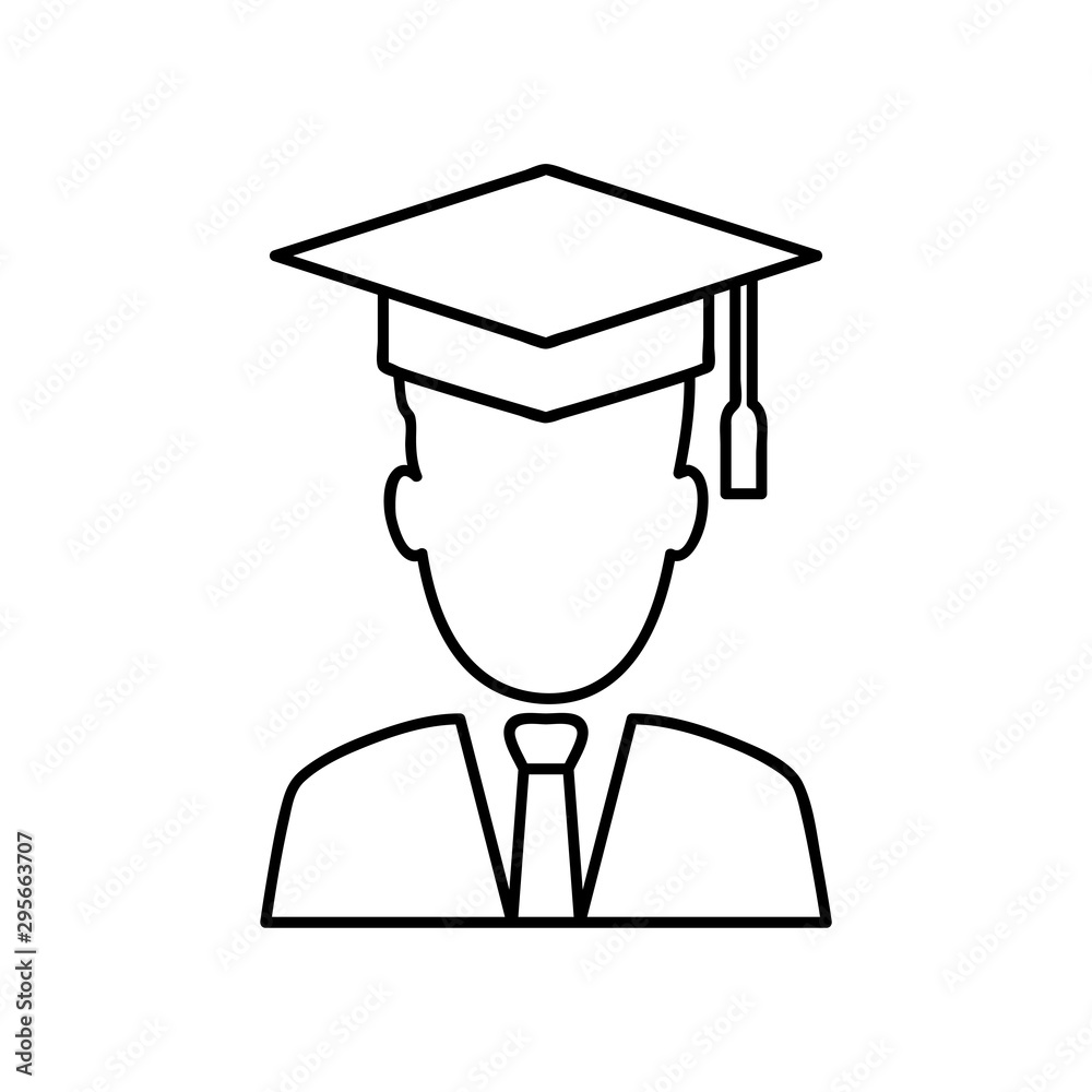Graduation student vector line art icon isolated on white background. Graduate man monochrome linear pictogram in graduation cap and gown.