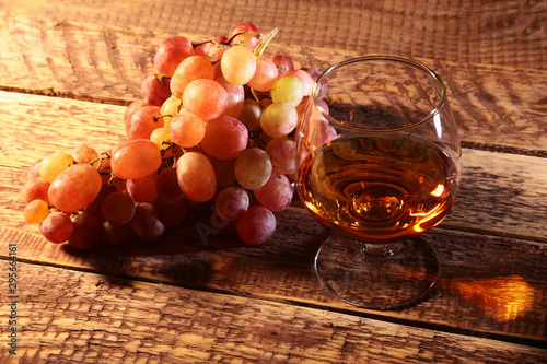 Cognac or Brandy in a glass and fresh grapes, still life in rustic style, vintage wooden background, selective focus.