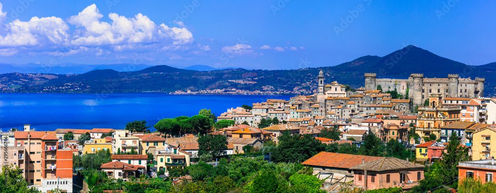 Most beautiful medieval villages (borgo) of Italy,  Panoramic view of lake and town  Lago di Bracciano