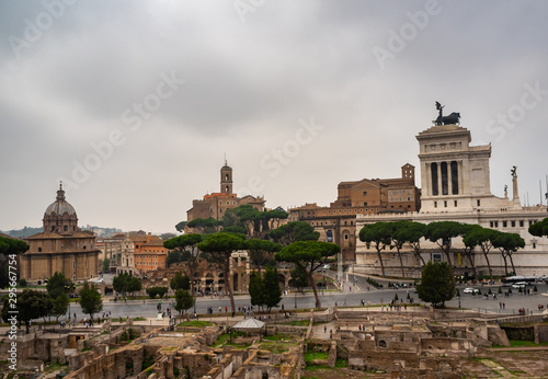 View of the forum of Trajan, the portico of the Quadriga and the monument to Victor Emmanuel II in Rome, Italy