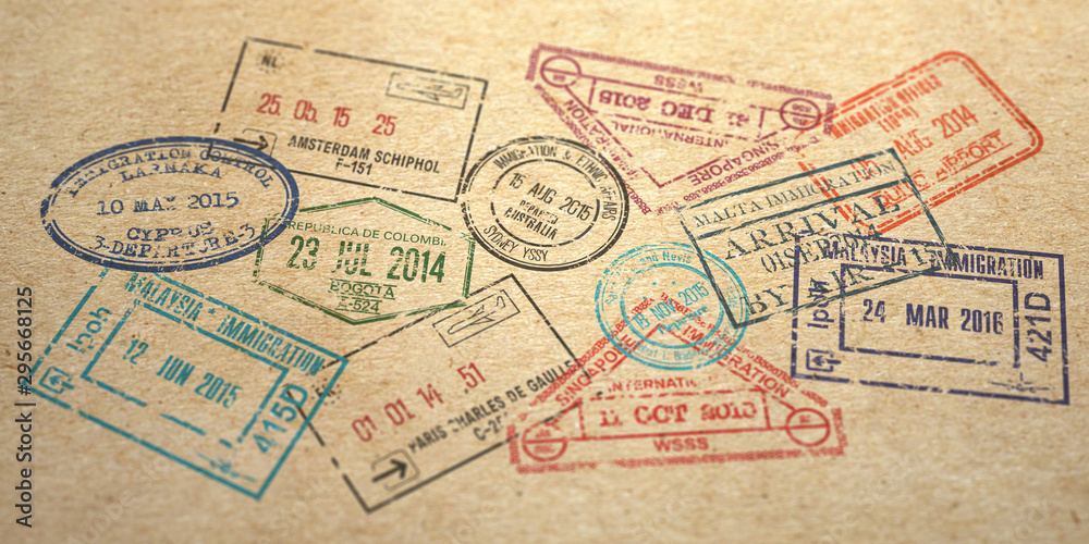 Background from different visa stamps on craft paper,