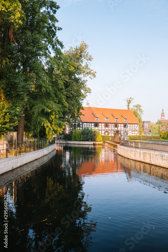 Bydgoszcz. Lock on the Brda River and historic architecture of the city's waterfront