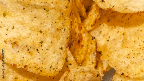 close up crispy potato chips snack