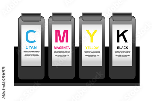 CMYK Cartridges of desktop printer, system of inkjet ink parts. Replace with new one when empty. Enable to edit by layers vector.