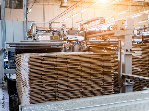 Production line of the wooden floor factory. CNC automatic woodworking machine.