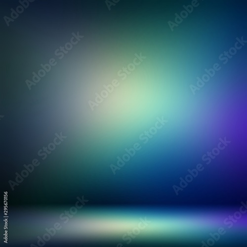 Spot light on dark vignette wall 3d illustration. Blue green lilac hologram texture. Impressive magical background. Secret night room decoration.