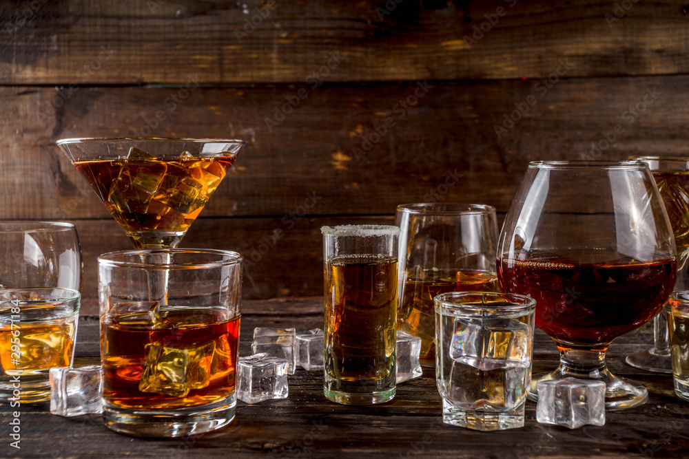 Selection of hard strong alcoholic drinks Selection of hard strong alcoholic drinks
