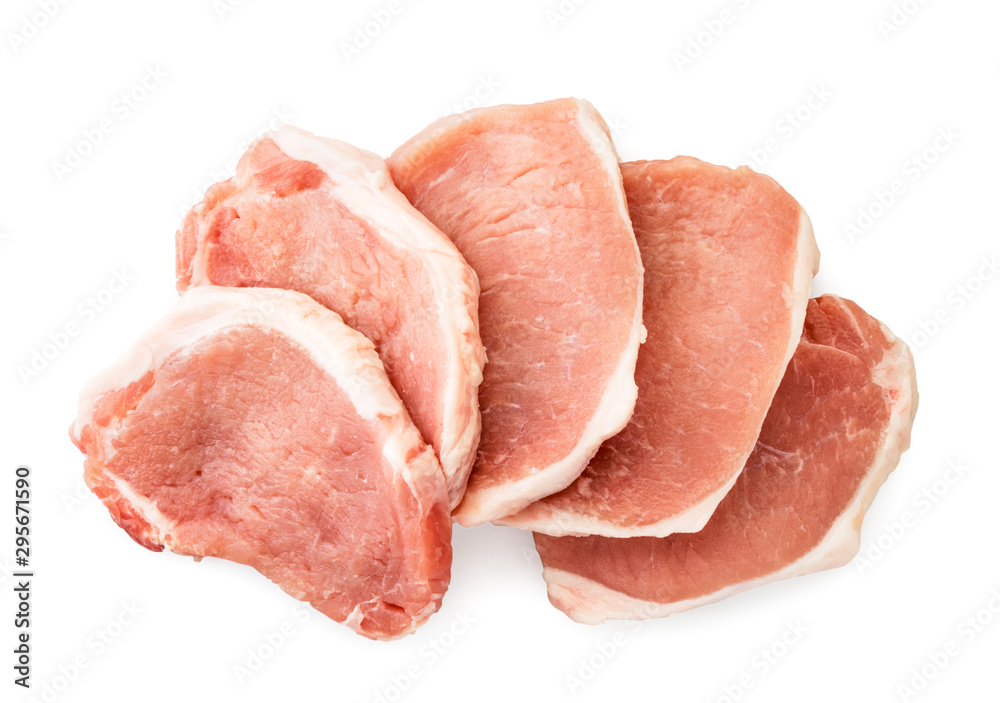 Pieces of raw meat with a layer of fat on a white. The view of the top. Pieces of raw meat with a layer of fat on a white. The view of the top.
