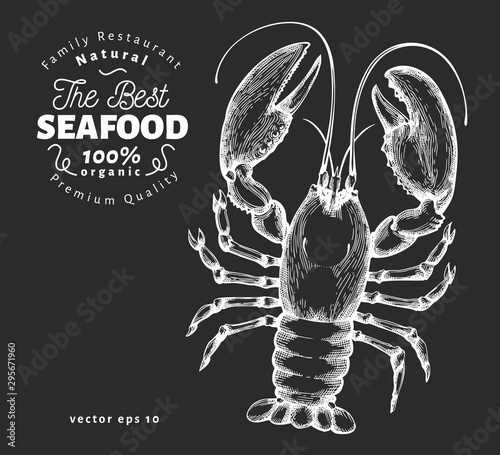 Lobster illustration. Hand drawn vector seafood illustration on chalk board. Engraved style. Vintage sea animal