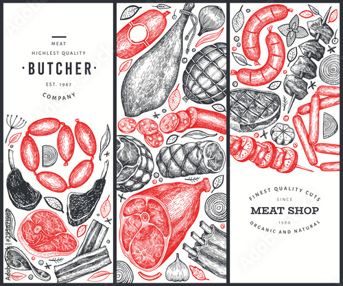 Set of three meat products design templates. Vector hand drawn ham, sausages, steaks, jamon, spices and herbs. Retro illustrations. Can be use for label, restaurant menu.