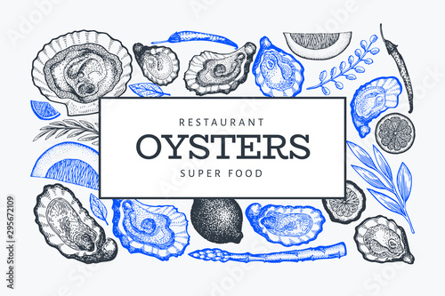 Oysters and spices design template. Hand drawn vector illustration. Seafood banner. Can be used for design menu, packaging, recipes, label, fish market, seafood products.