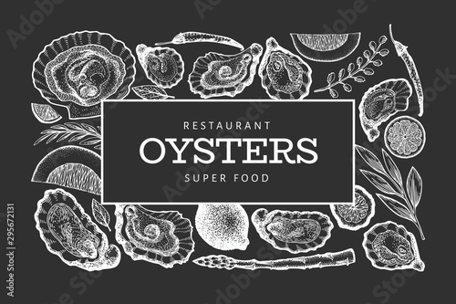 Oysters and spices design template. Hand drawn vector illustration on chalk board. Seafood banner. Can be used for design menu, packaging, recipes, label, fish market, seafood products.
