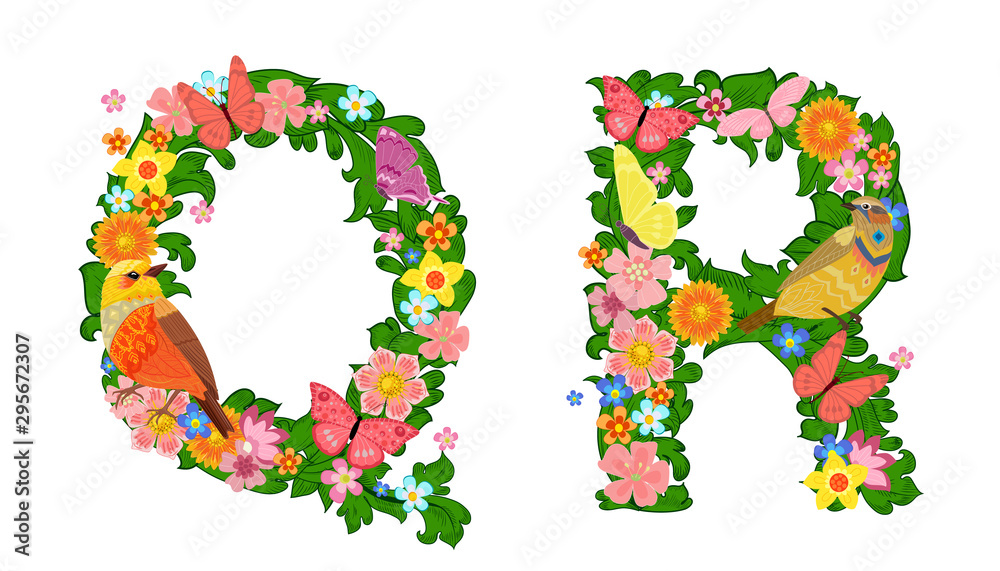 fancy collection of colorful letters Q, R with butterflies and b fancy collection of colorful letters Q, R with butterflies and b