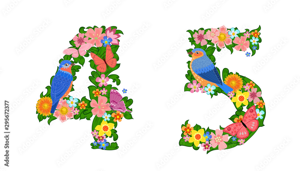 fancy collection of colorful numbers 4, 5 with butterflies and b