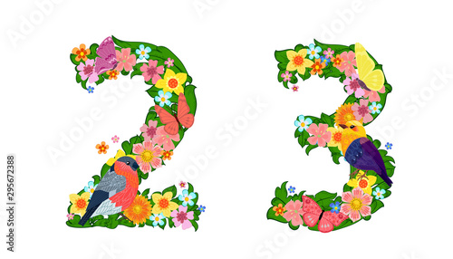 fancy collection of colorful numbers 2, 3 with butterflies and b