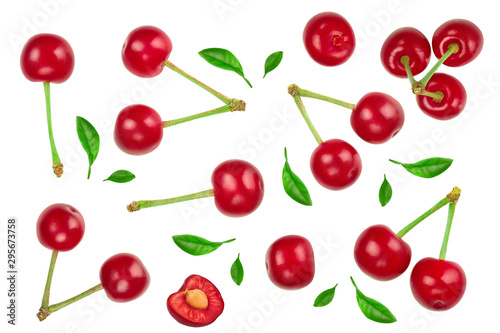 Some cherries with leaf closeup isolated on white background. Top view. Flat lay.