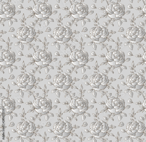 Silver roses on grey background, floral seamless pattern